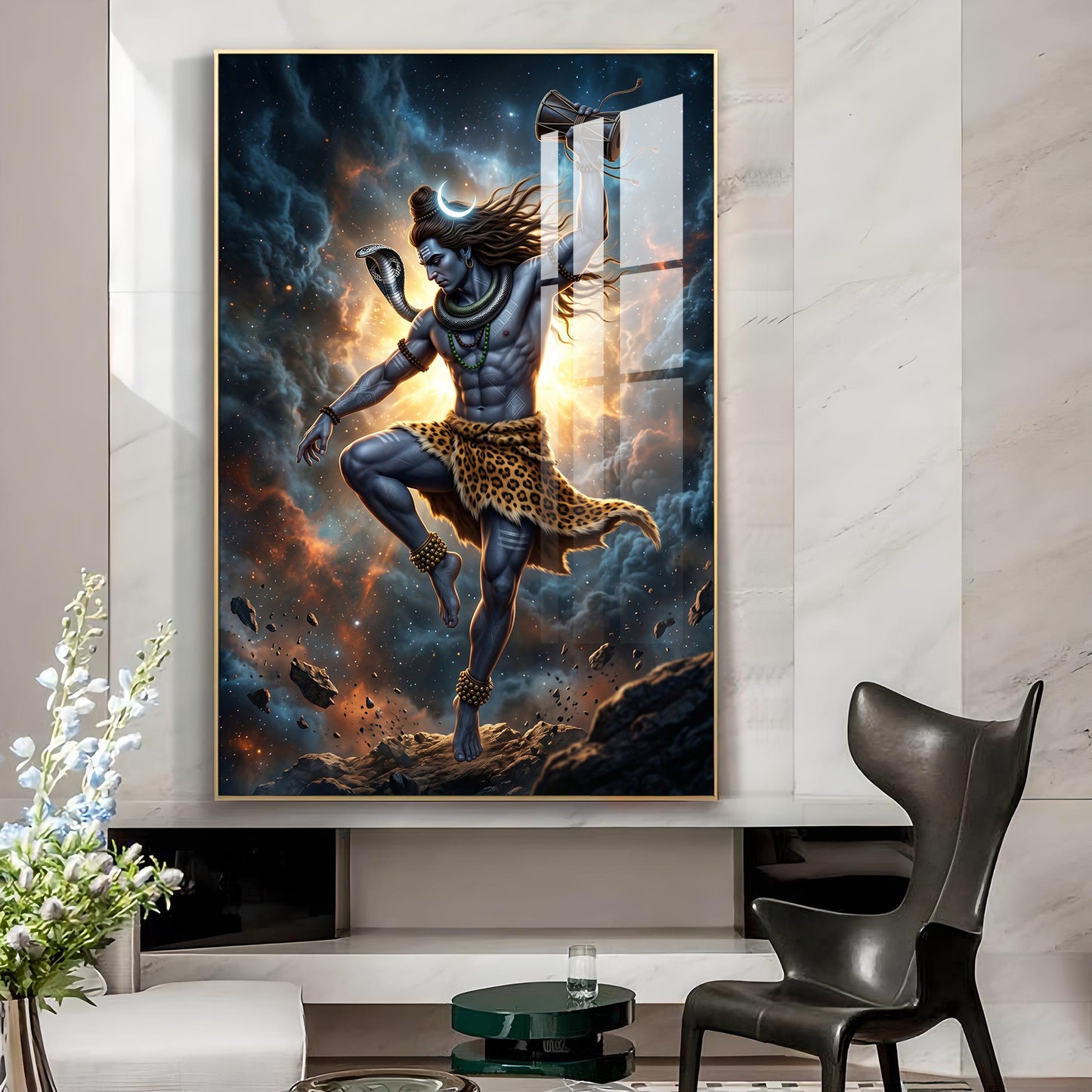 Mahadev In His Tandava Pose Glass Finish Vertical Wall Art