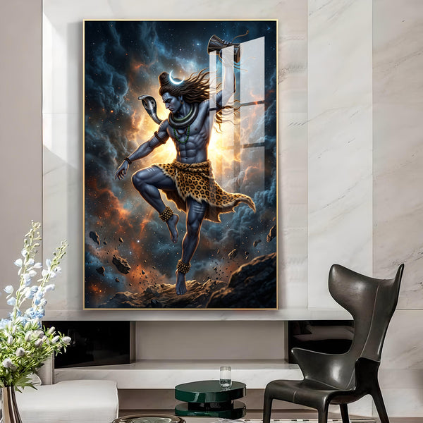 Mahadev In His Tandava Pose Glass Finish Vertical Wall Art