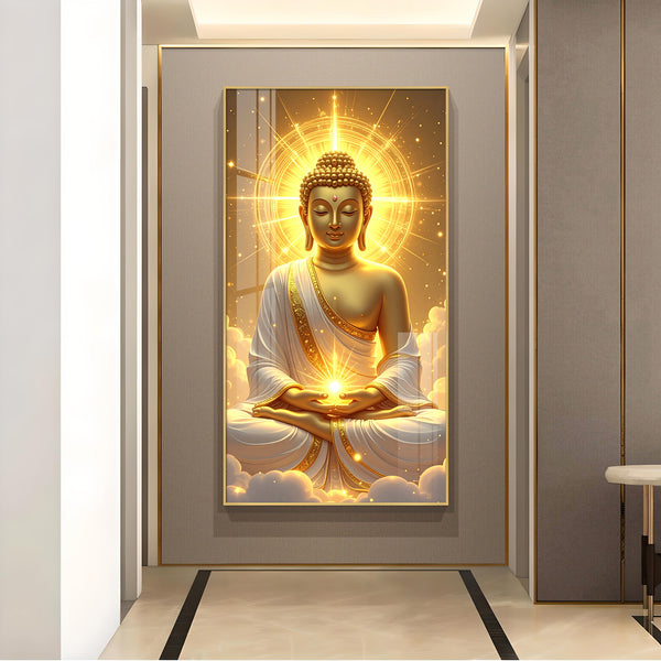 Golden Serenity Buddha Glass Finish Vertical Wall Art