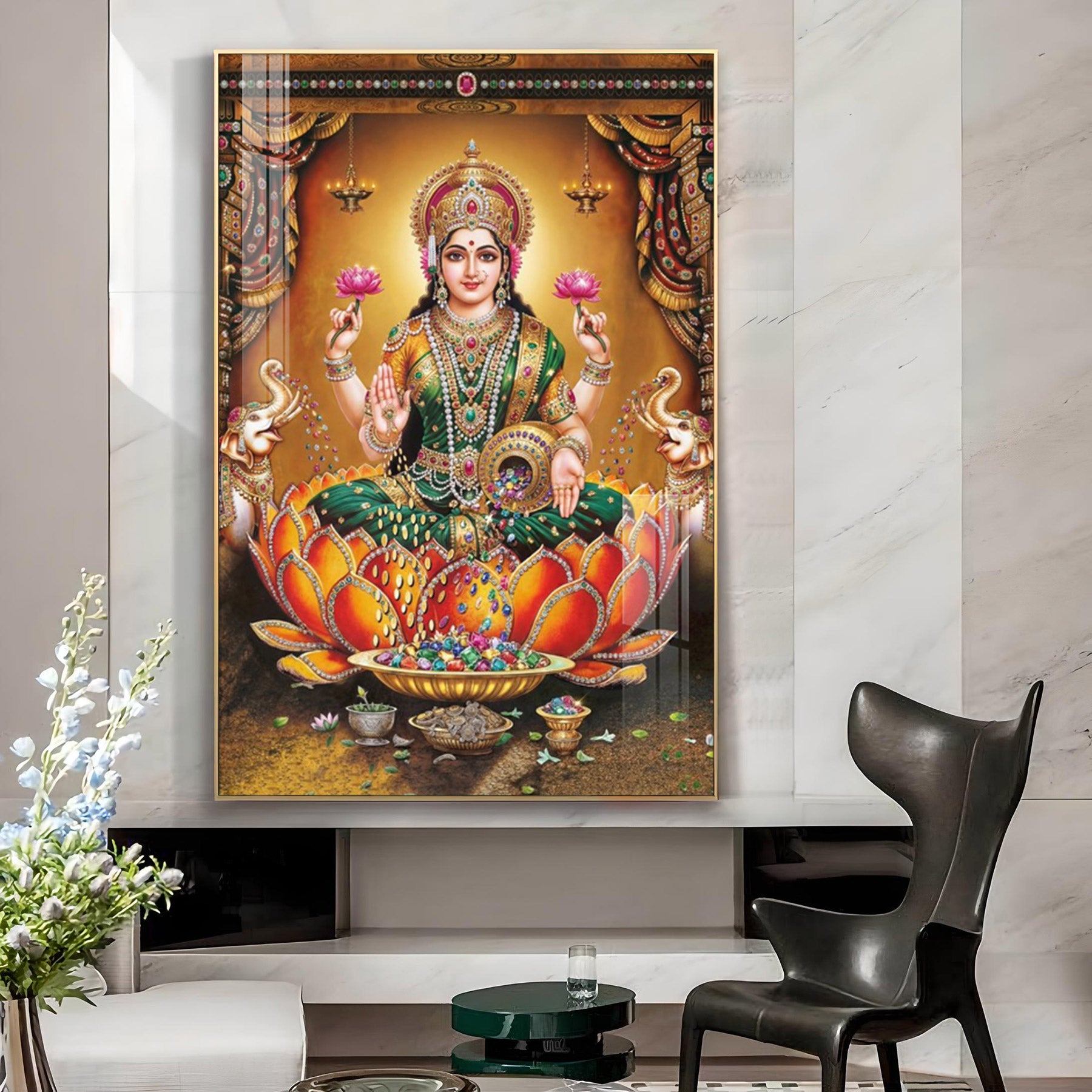 Goddess Lakshmi Glass Finish Vertical Wall Art