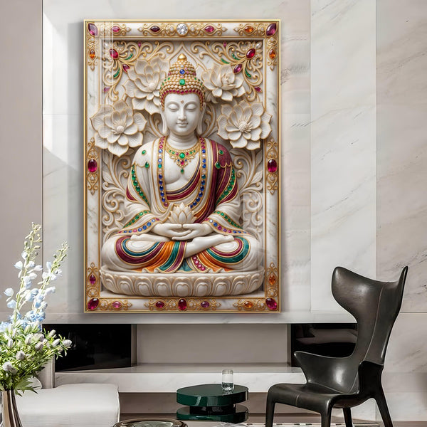 Serene Meditating Buddha Glass Finish Vertical Wall Art