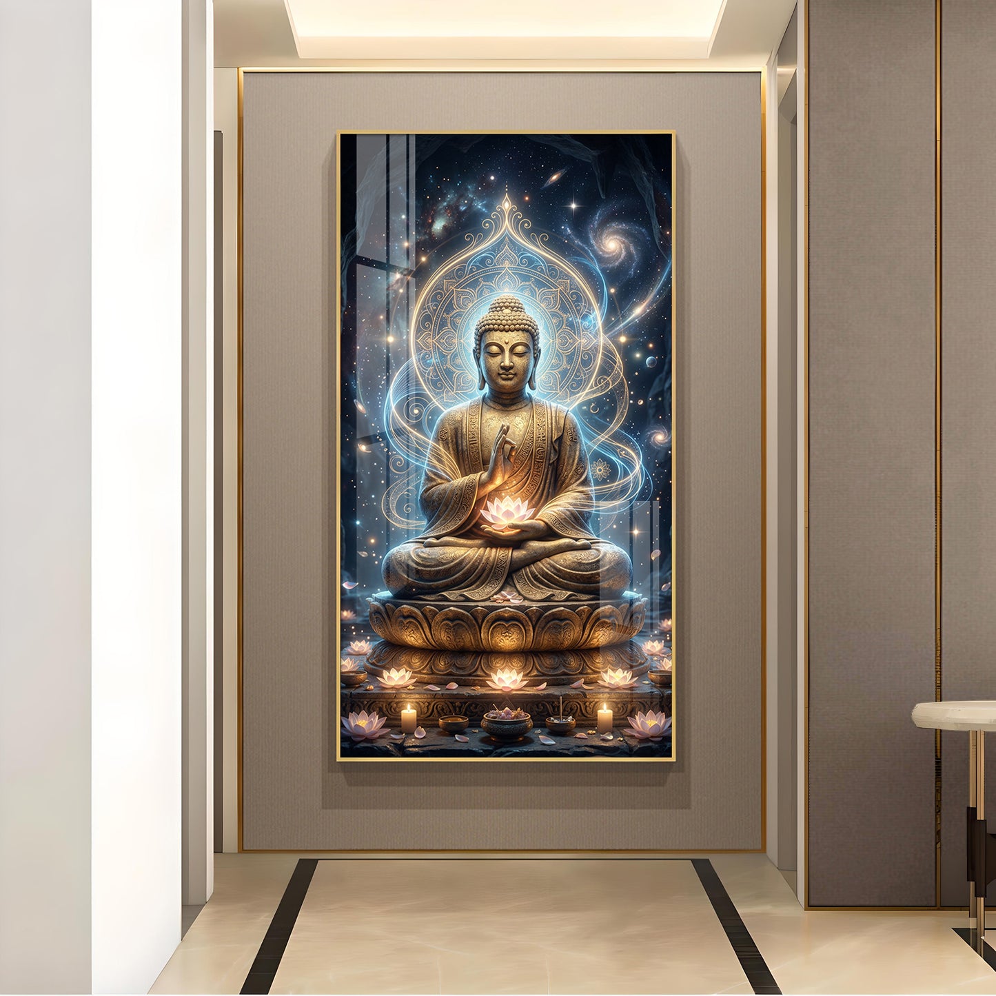 Meditating Buddha Glass Finish Vertical Wall Art