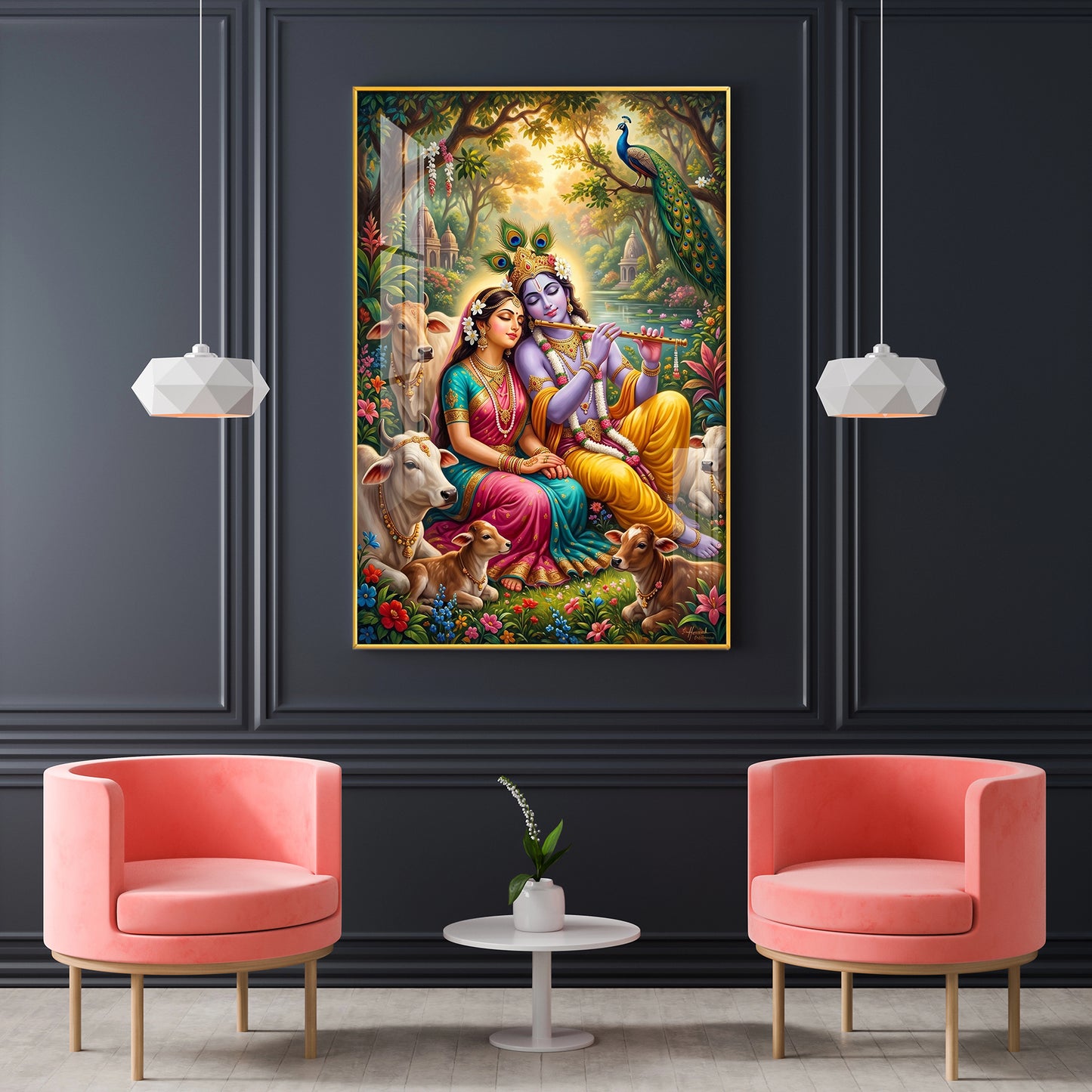 Generic Radha Krishna Glass Finish Vertical Wall Art
