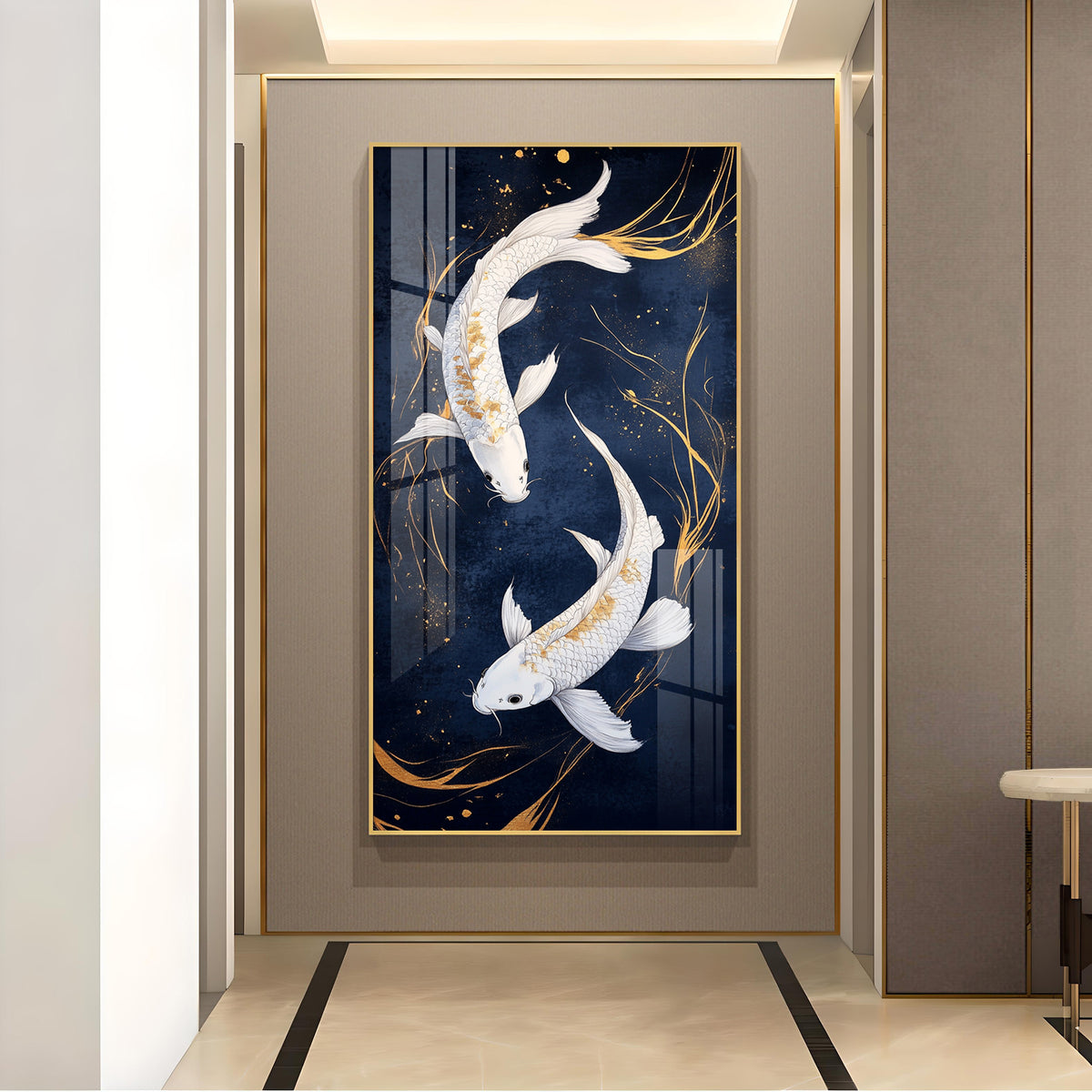 Pair Of White Fish Glass Finish Vertical Wall Art