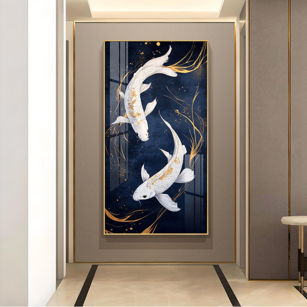Pair Of White Fish Glass Finish Vertical Wall Art