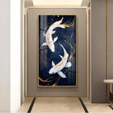 Pair Of White Fish Glass Finish Vertical Wall Art