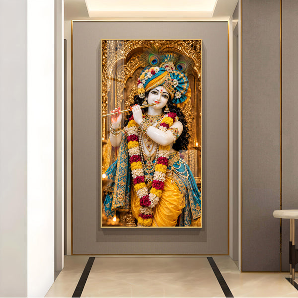 Shri Krishna Playing Flute Glass Finish Vertical Wall Art