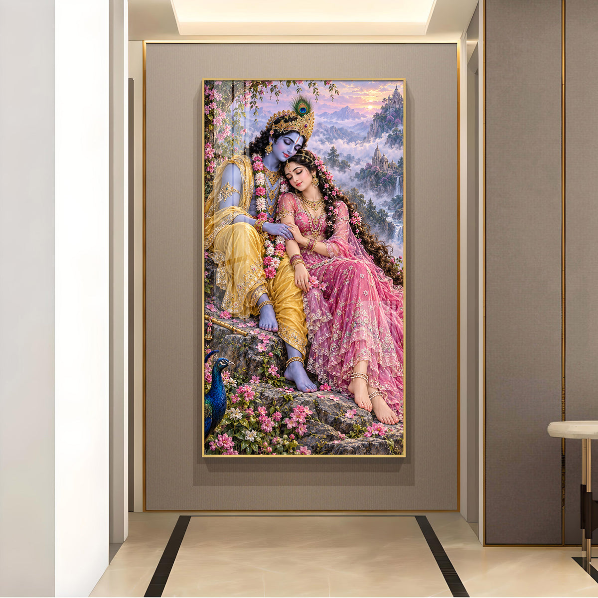 Radha Krishna Eternal Love Glass Finish Vertical Wall Art