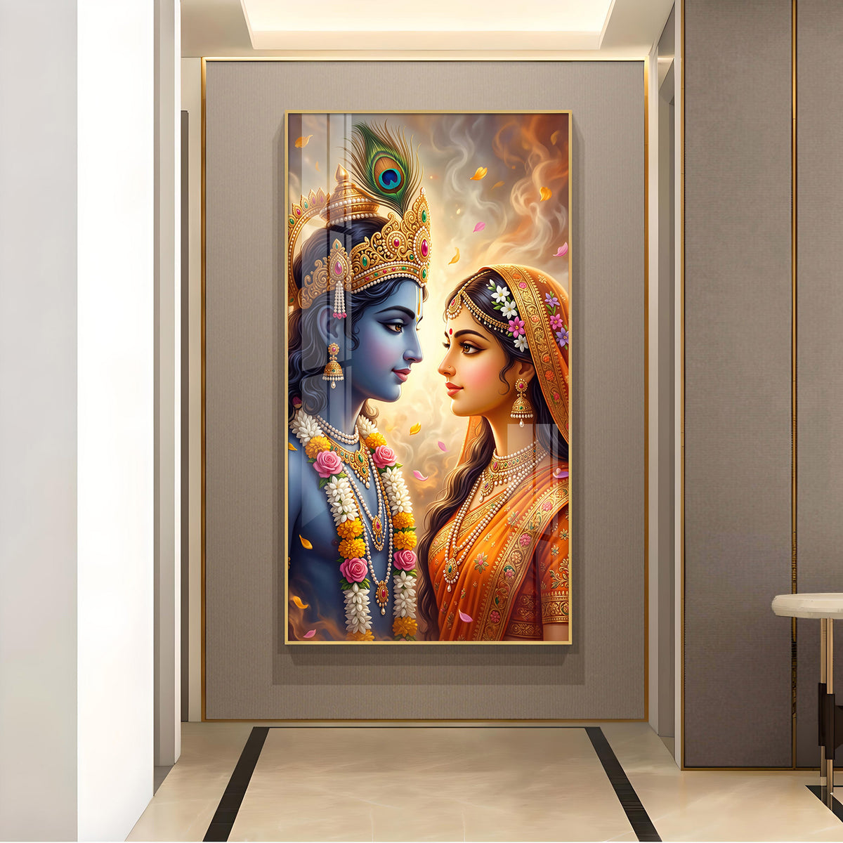 Radha Krishna Golden Glow Glass Finish Vertical Wall Art