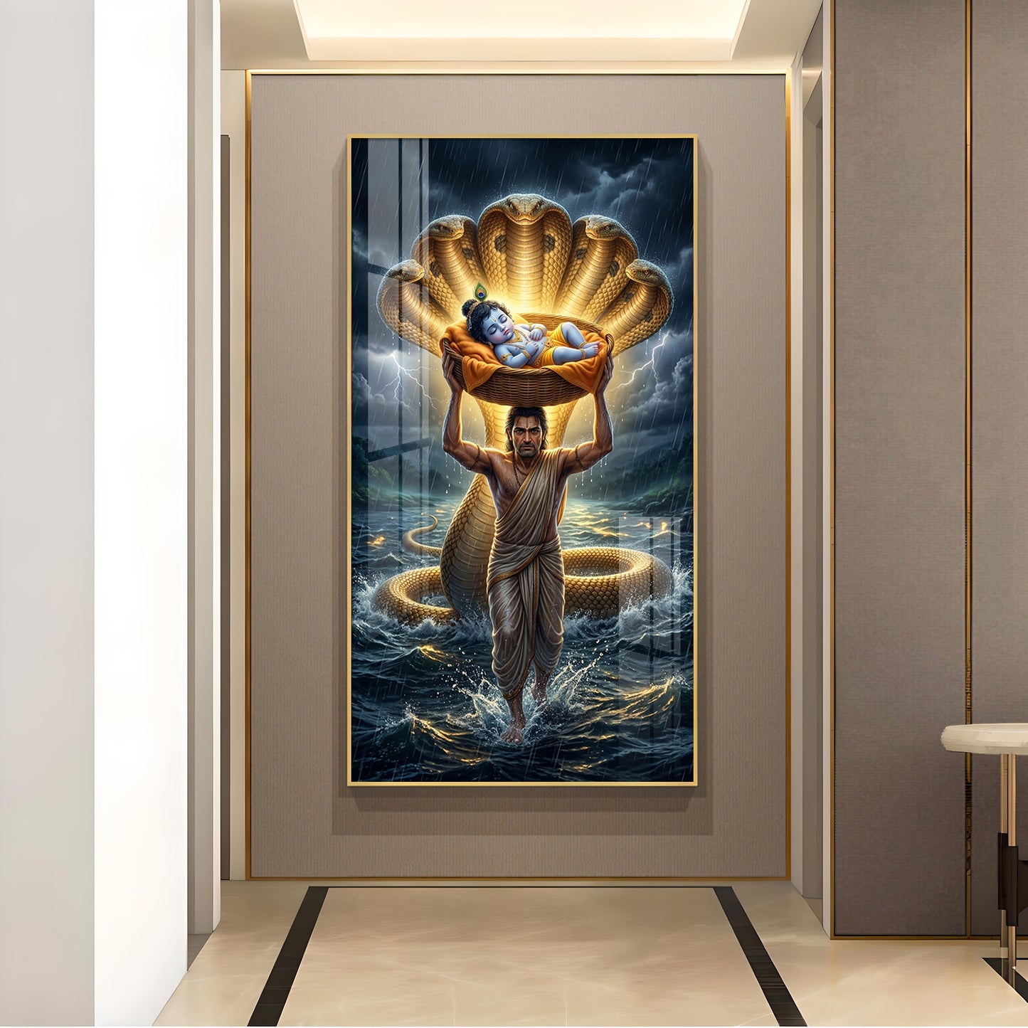 Lord Krishna with Vasudeva Glass Finish Vertical Wall Art