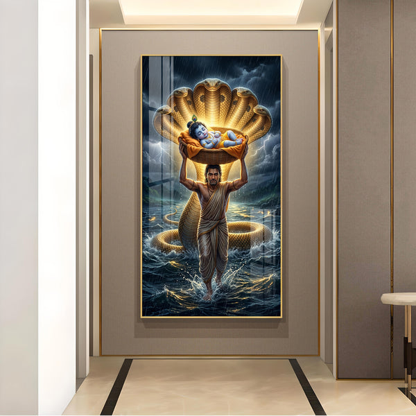 Lord Krishna with Vasudeva Glass Finish Vertical Wall Art