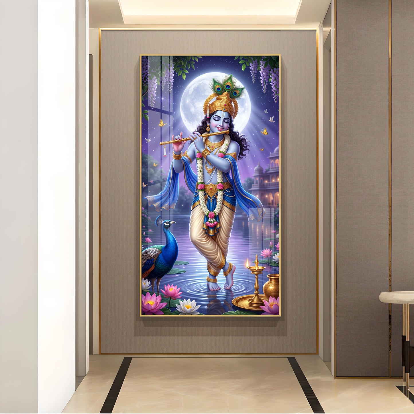 Depicting Lord Krishna Glass Finish Vertical Wall Art