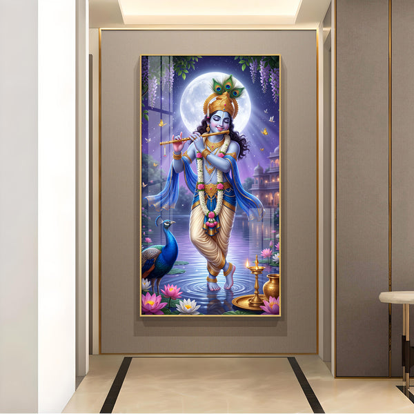 Depicting Lord Krishna Glass Finish Vertical Wall Art