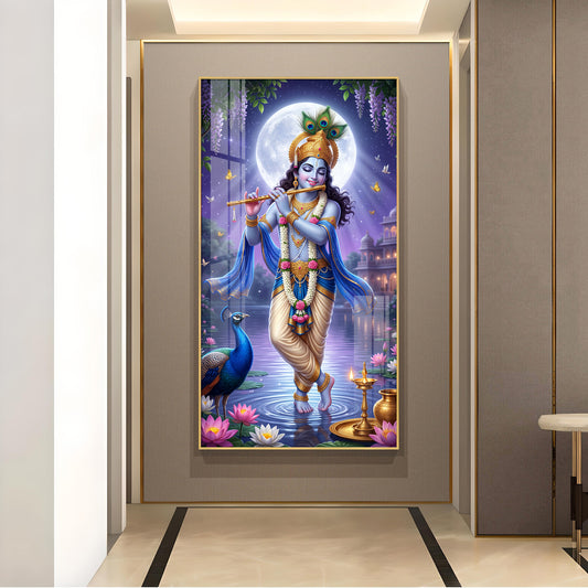 Depicting Lord Krishna Glass Finish Vertical Wall Art