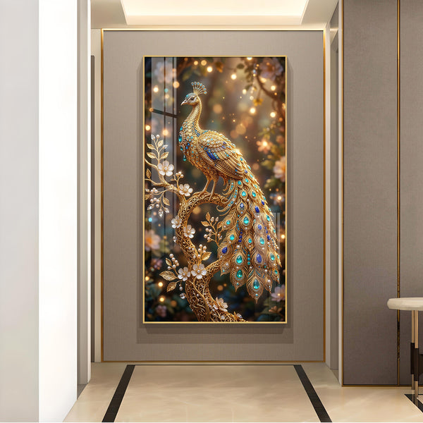 Elegant Peacock Fantasy Glass Finish Vertical Wall Art