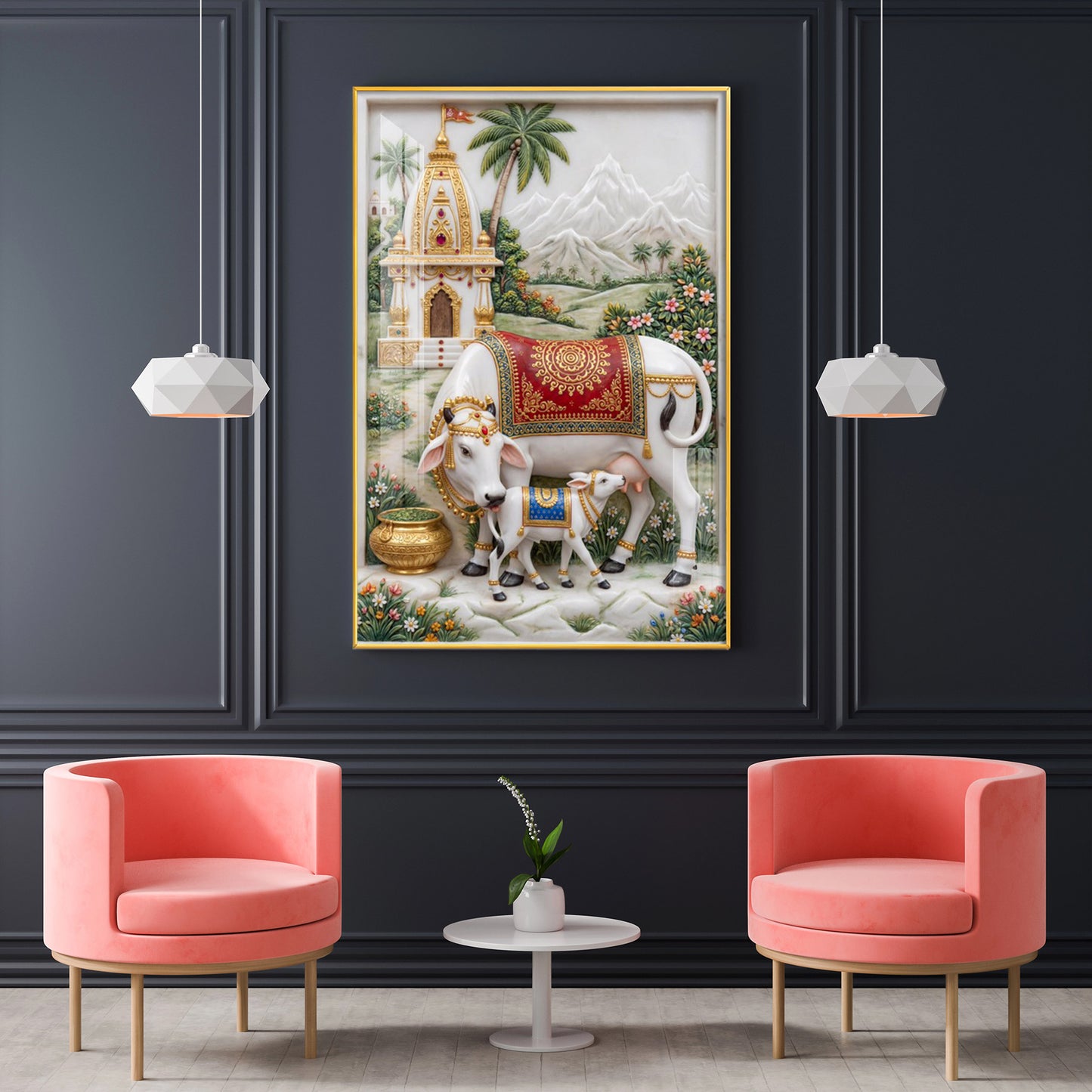 Kamdhenu Cow and Calf Glass Finish Vertical Wall Art