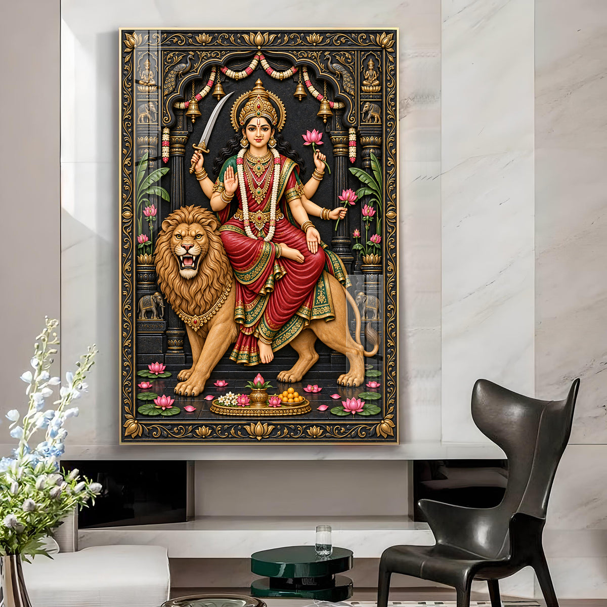 Durga Maa Divine Glass Finish Vertical Wall Art