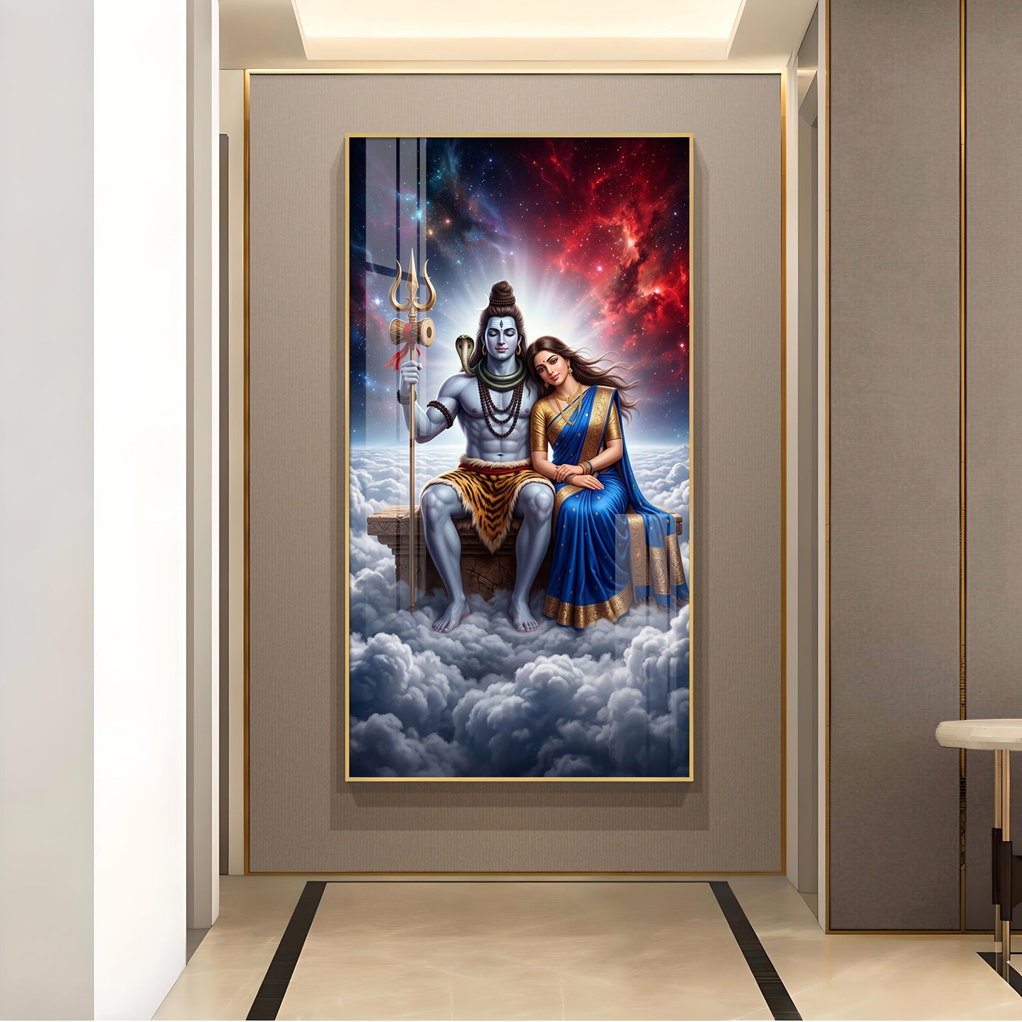 Hindu Deities Shiva & Parvati Glass Finish Vertical Wall Art