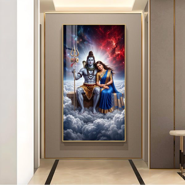 Hindu Deities Shiva & Parvati Glass Finish Vertical Wall Art
