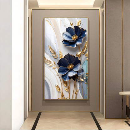 Blue Petal Luxe Flower Glass Finish Vertical Wall Art