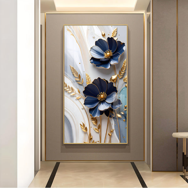 Blue Petal Luxe Flower Glass Finish Vertical Wall Art