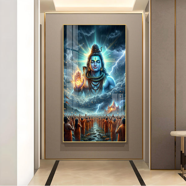 Lord Mahadev Blessing Glass Finish Vertical Wall Art