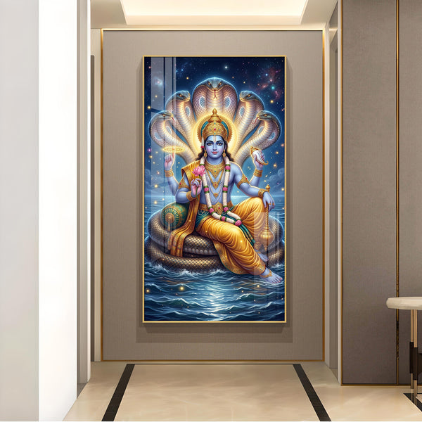 Lord Vishnu On Sheshnag Glass Finish Vertical Wall Art