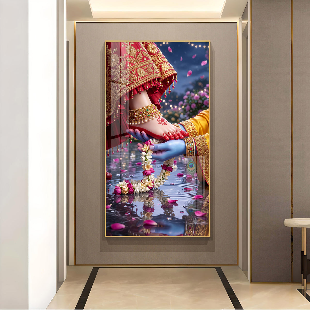 Divine Feet of Radha Krishna Glass Finish Vertical Wall Art