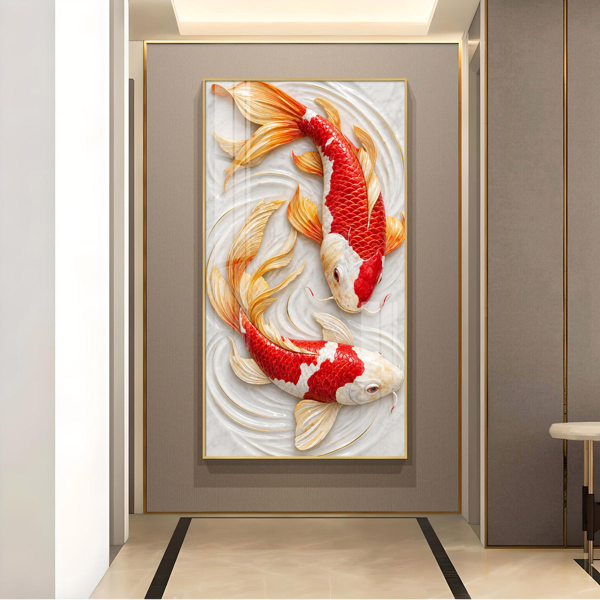 Two Koi Fish Glass Finish Vertical Wall Art