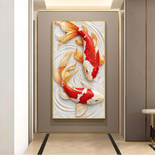 Two Koi Fish Glass Finish Vertical Wall Art