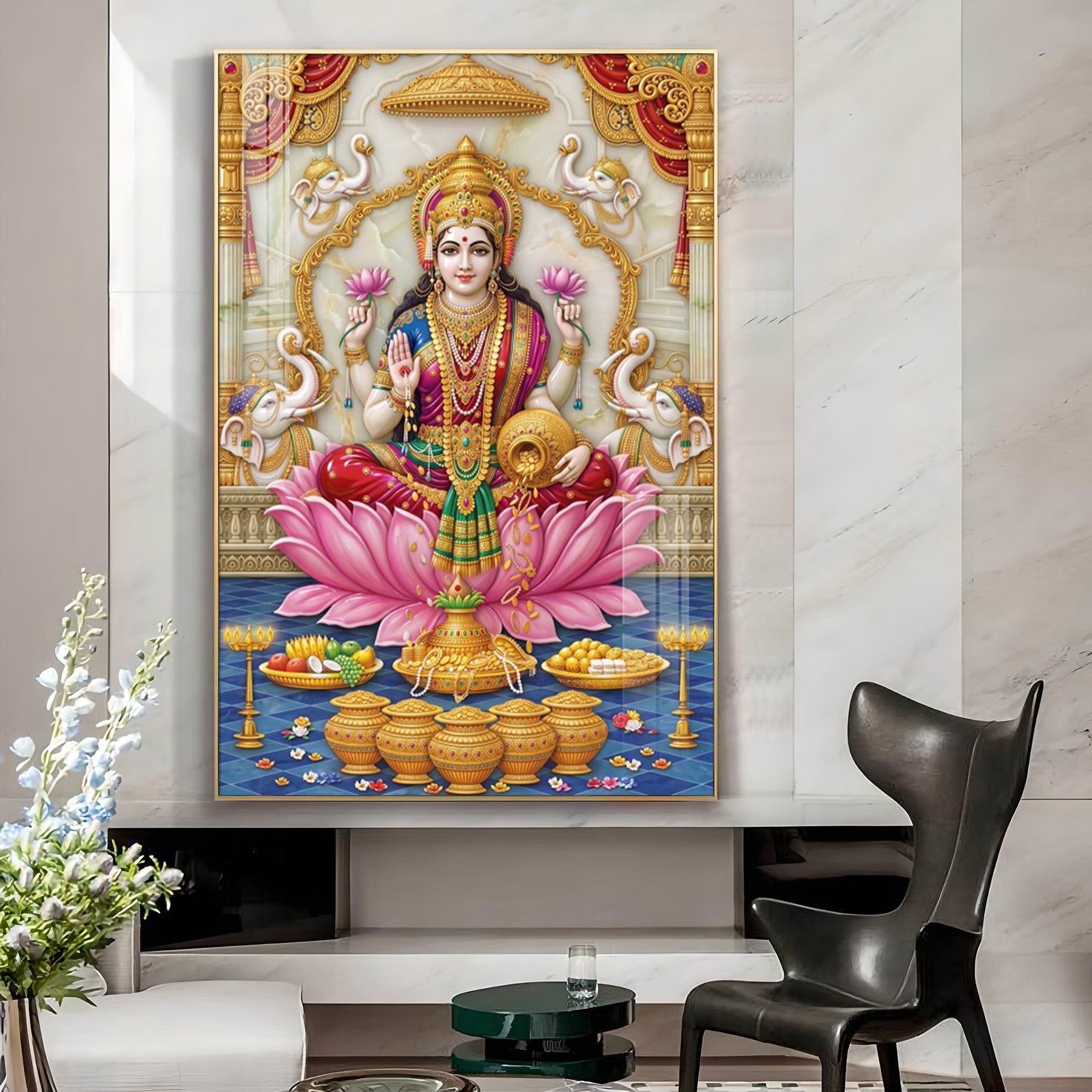 Goddess Of Wealth Shri Lakshmi Glass Finish Vertical Wall Art