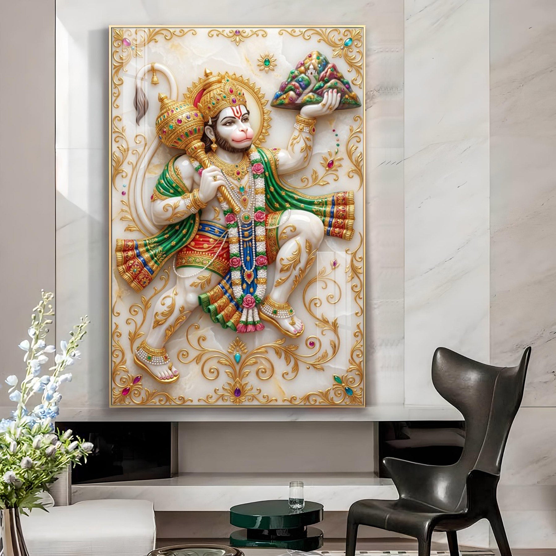 Lord Hanuman Carrying Dronagiri Mountain Glass Finish Vertical Wall Art