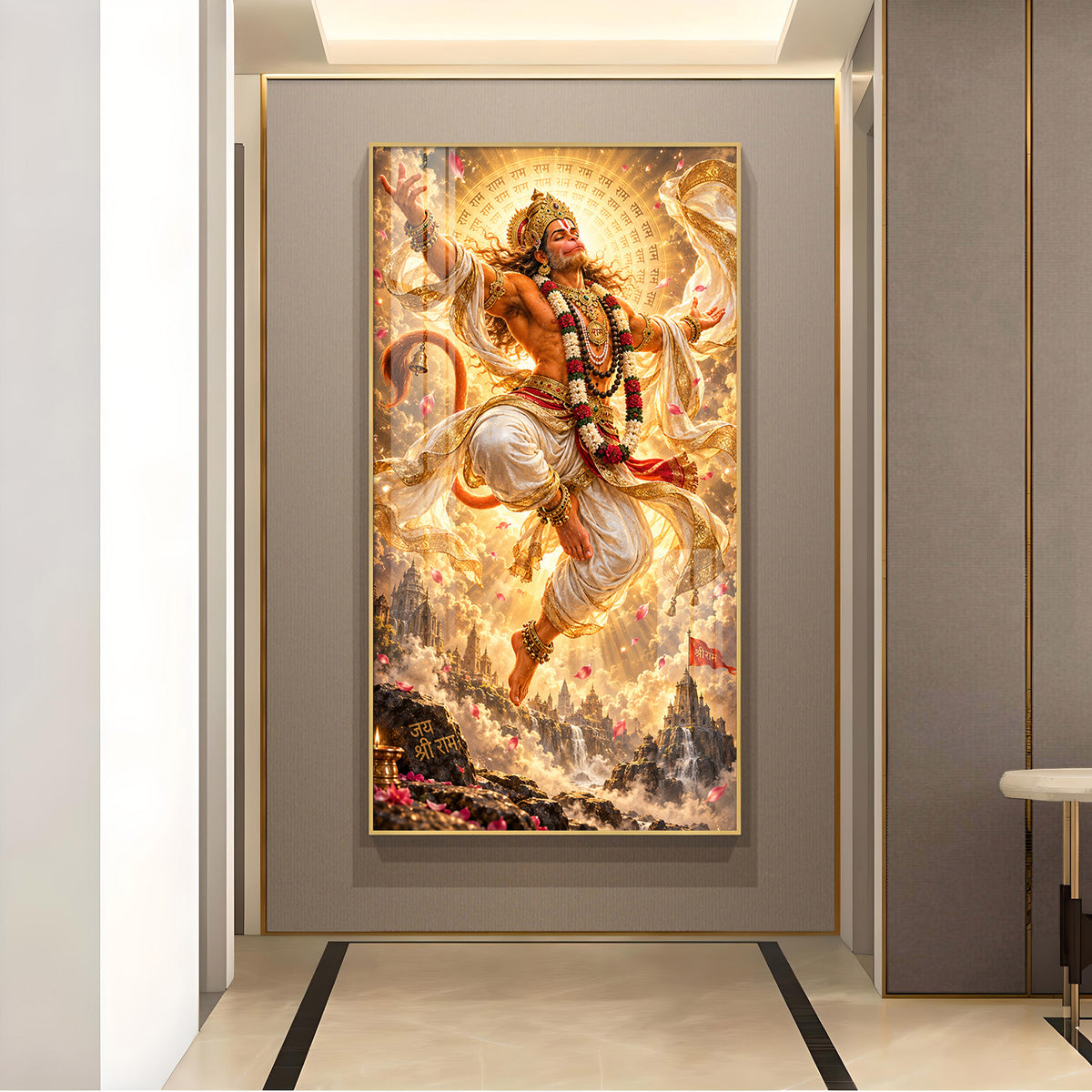 Lord Hanuman Golden Aura Glass Finish Vertical Wall Art
