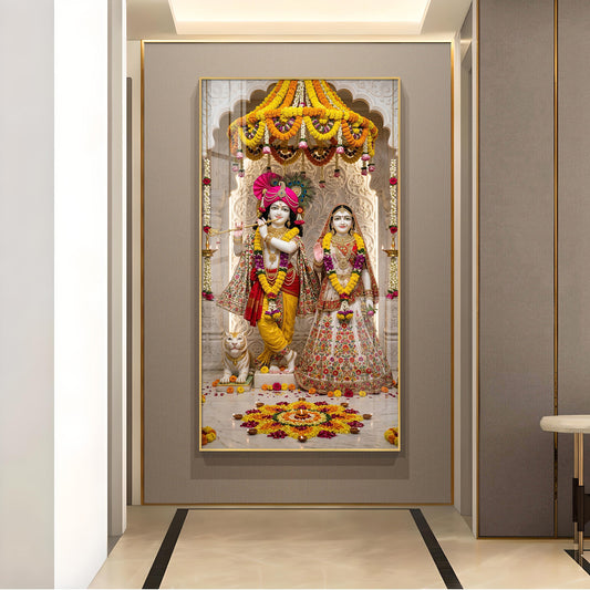Divine Radha and Krishna Glass Finish Vertical Wall Art