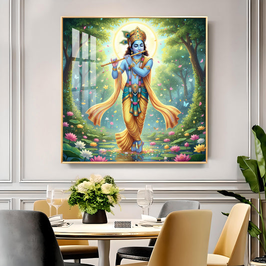 Lord Krishna With Blue Skin Glass Finish Square Wall Art