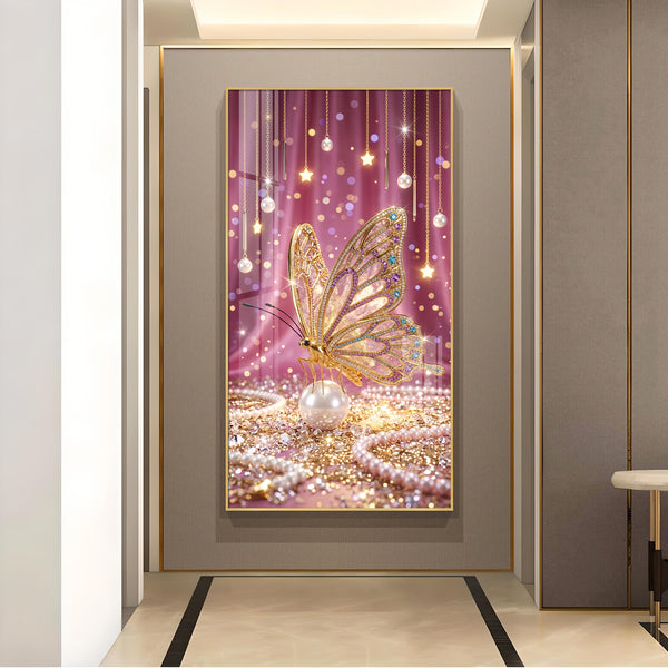 Elegant Pink Butterfly Glass Finish Vertical Wall Art