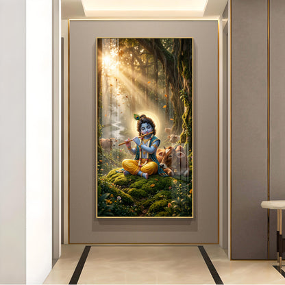 Lord Krishna Playing Flute In Garden Glass Finish Vertical Wall Art