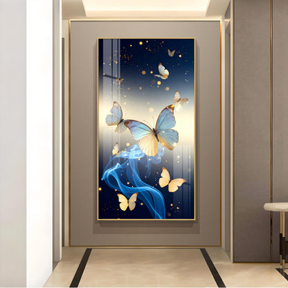 Azure Butterfly Dance Glass Finish Vertical Wall Art