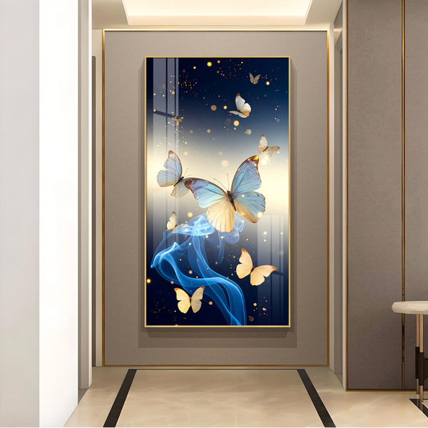 Azure Butterfly Dance Glass Finish Vertical Wall Art