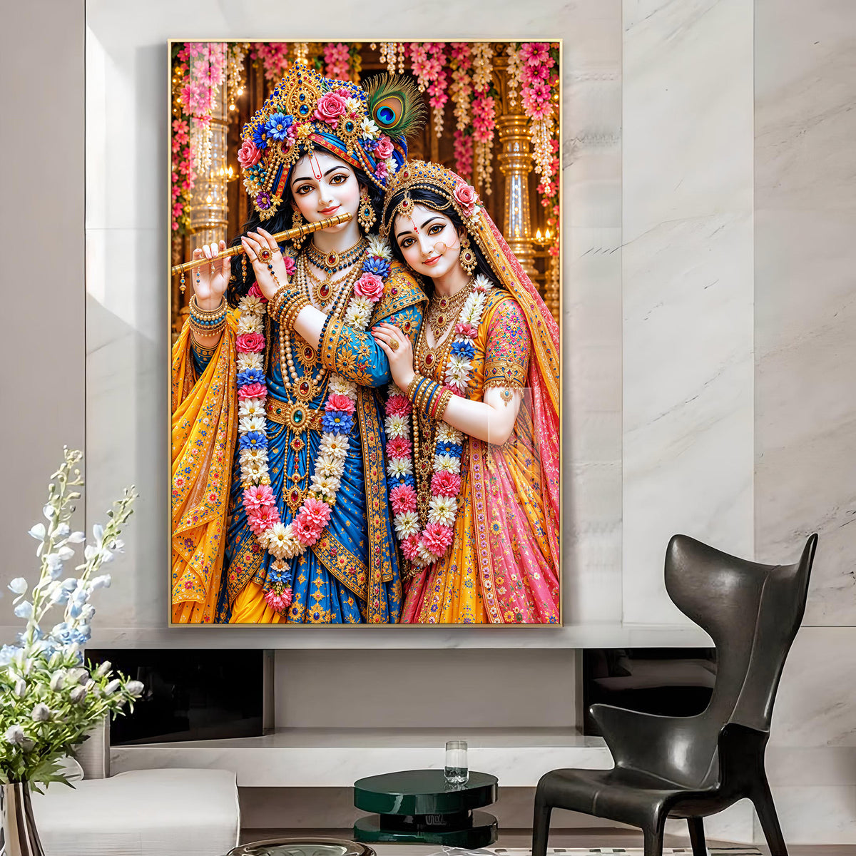 Divine Radha Krishna Playing Flute Glass Finish Vertical Wall Art