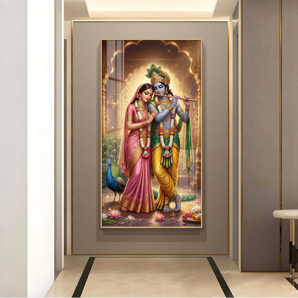Eternal Bond of Radha Krishna Glass Finish Vertical Wall Art