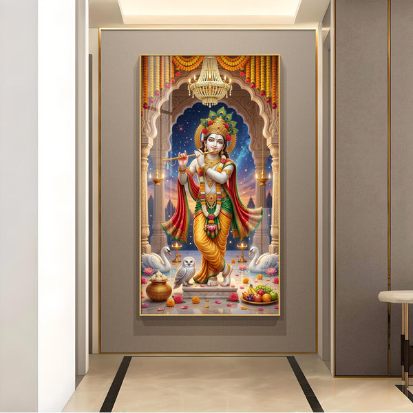 Divine Krishna With Flute Glass Finish Vertical Wall Art
