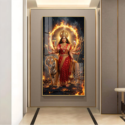 Divine Maa Durga Glass Finish Vertical Wall Art