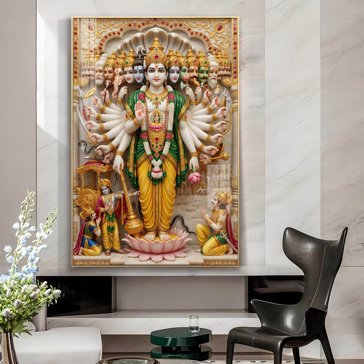 Lord Vishnu Virat Roop Glass Finish Vertical Wall Art