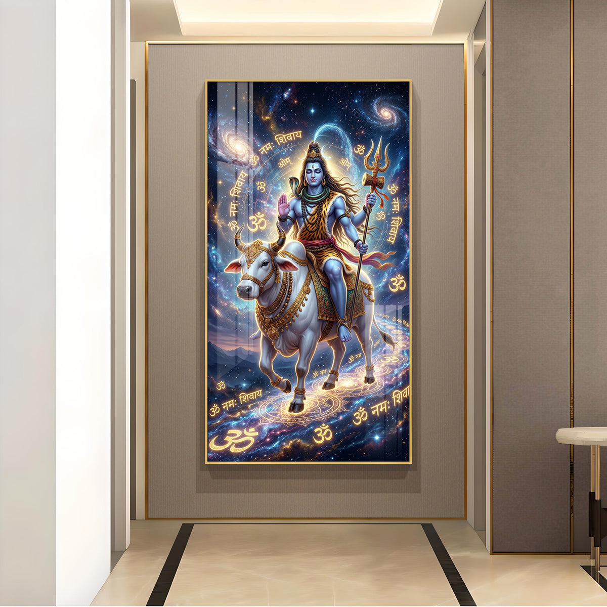 Lord Shiva With Nandi Glass Finish Vertical Wall Art