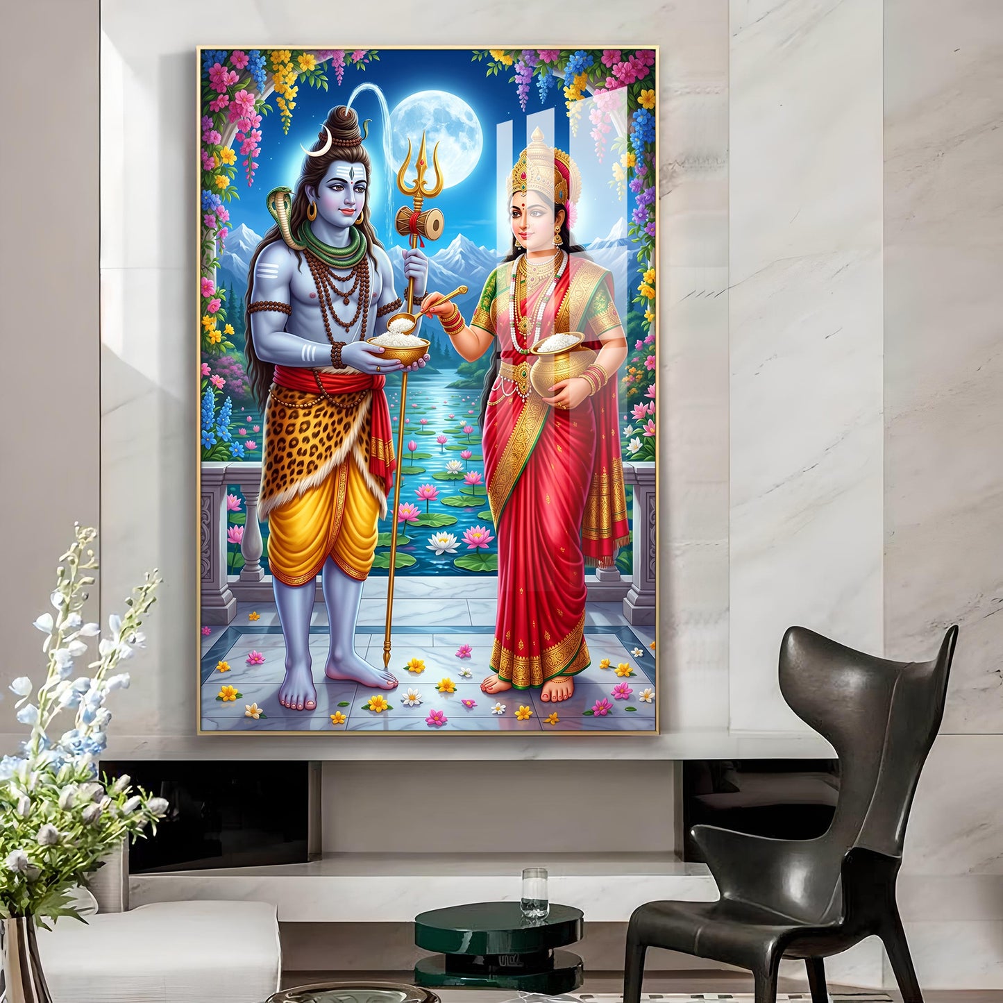 Annapurna Devi Offering Food To Lord Shiva Glass Finish Vertical Wall Art