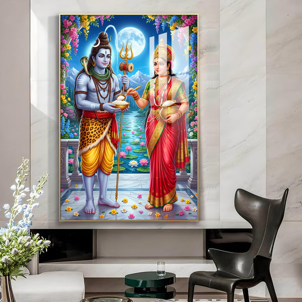 Annapurna Devi Offering Food To Lord Shiva Glass Finish Vertical Wall Art