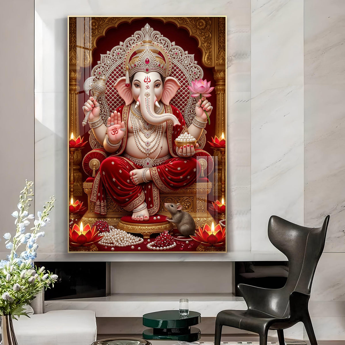 Ganesha In Red Dress Glass Finish Vertical Wall Art