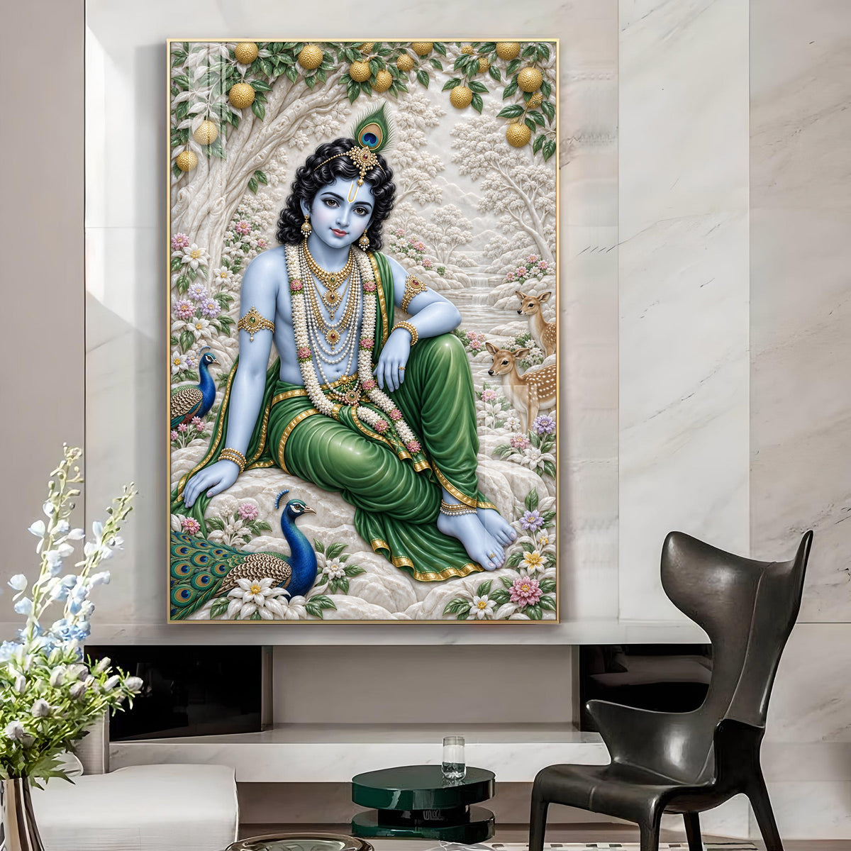 Lord Krishna In Green Dhoti Glass Finish Vertical Wall Art