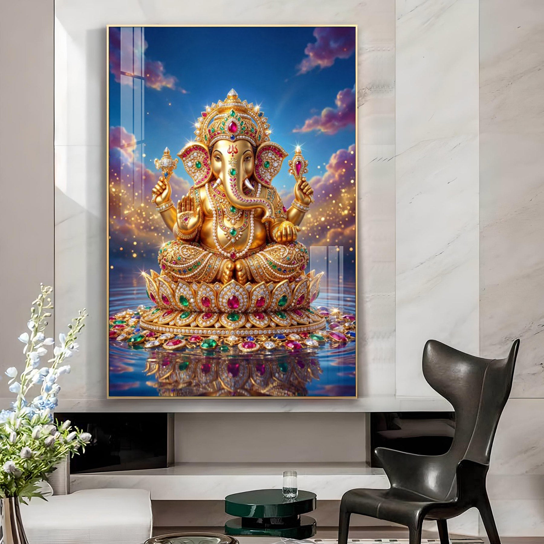 Lord Ganesh Seated On A Lotus Glass Finish Vertical Wall Art